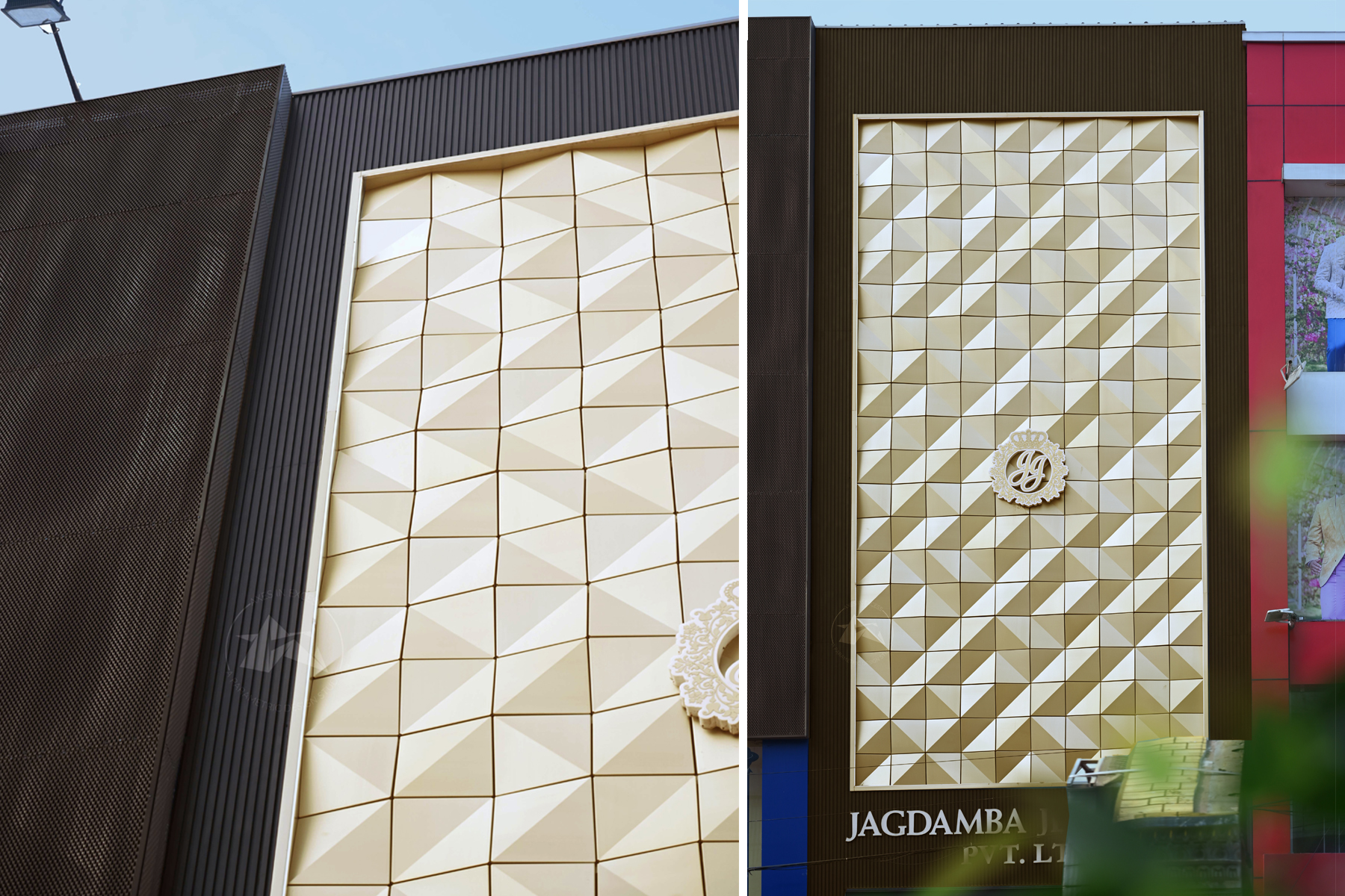 Elevation for Jewellery showroom in 3d Metal box with aluminium cladding by axes in excess 