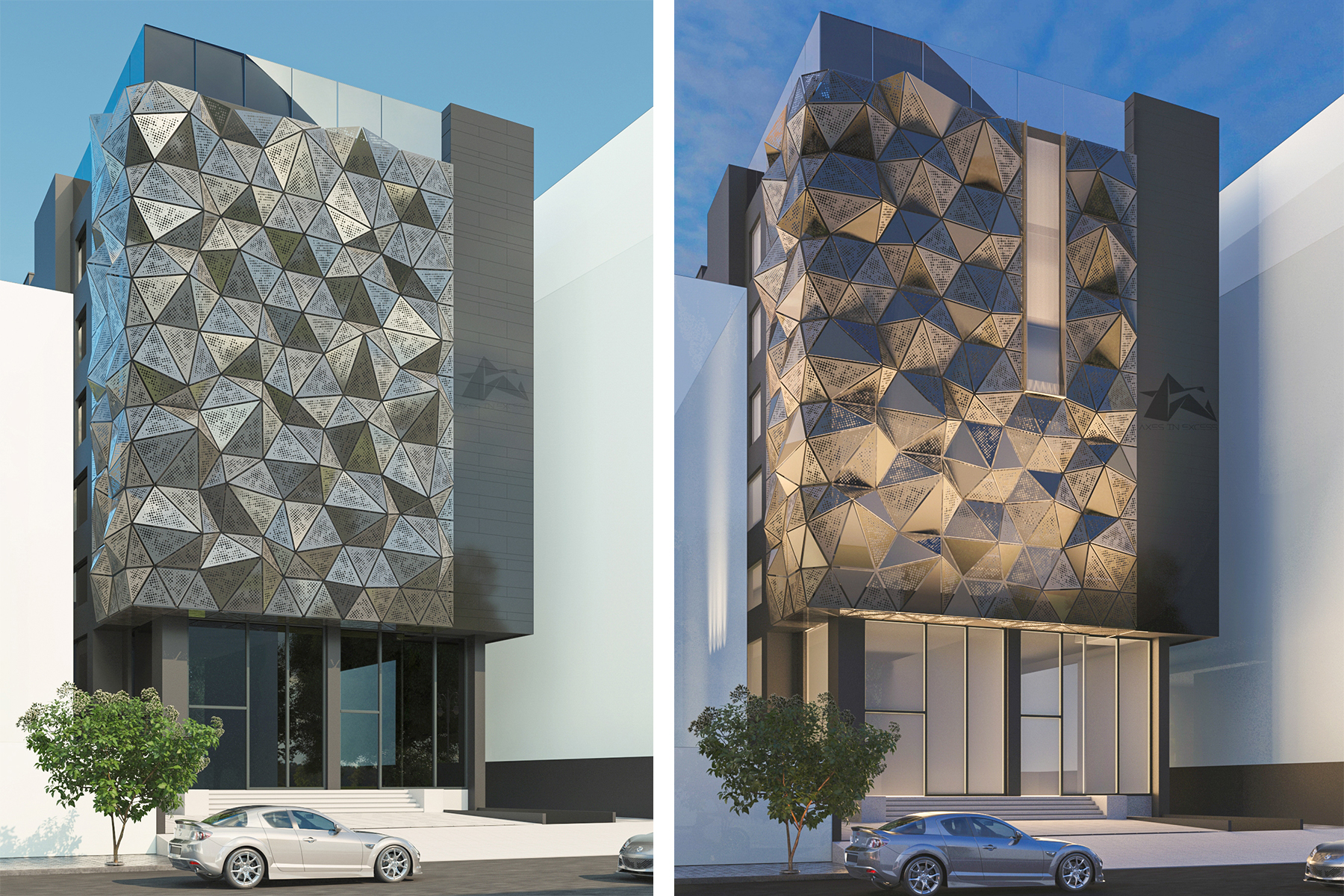 Axes in Excess metal facade: A blend of form and function in architectural design.