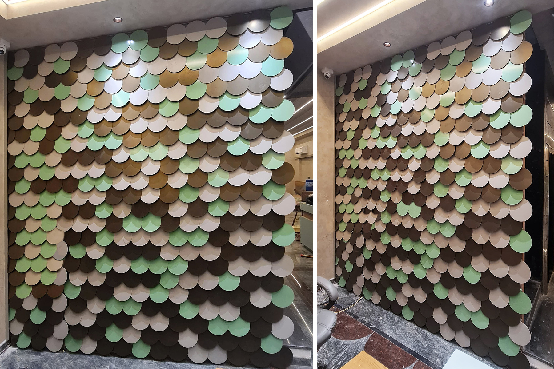 Hotel reception metal wall art with aluminium shingles by axes in excess