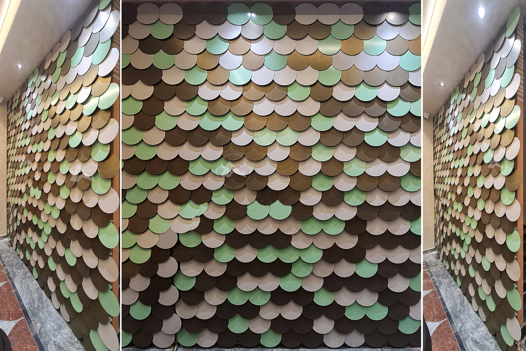 Metal wall art at hotel reception by axes in excess using aluminium shingles